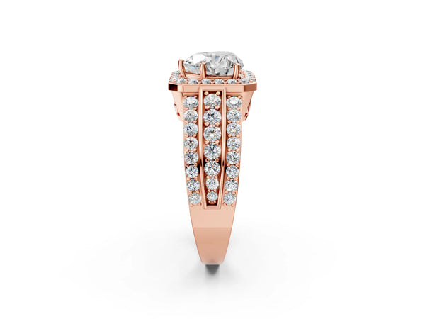 3 Carat Heart Cut Rose gold Halo Diamond Ring with Round  Split Shank and Prong Setting