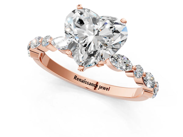 3 Carat Heart Cut Rose gold Diamond Ring with Marquise and Round Side Stones and Four-Prong Setting