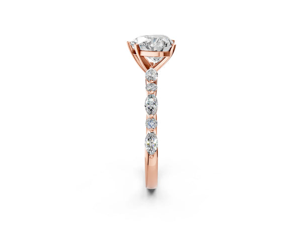 3 Carat Heart Cut Rose gold Diamond Ring with Marquise and Round Side Stones and Four-Prong Setting