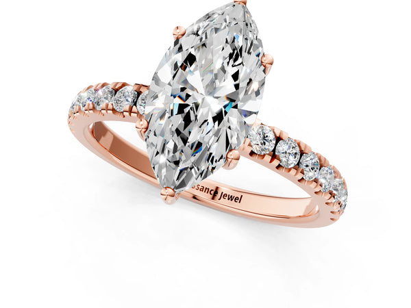 3 Carat Marquise Cut Rose gold Diamond Pave Band Solitaire Ring with Round  and Prong Setting