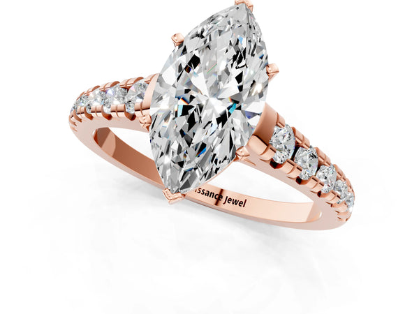 Rose gold 3 Carat Marquise Cut Diamond Cathedral Solitaire Ring with Round  Pavé Band
