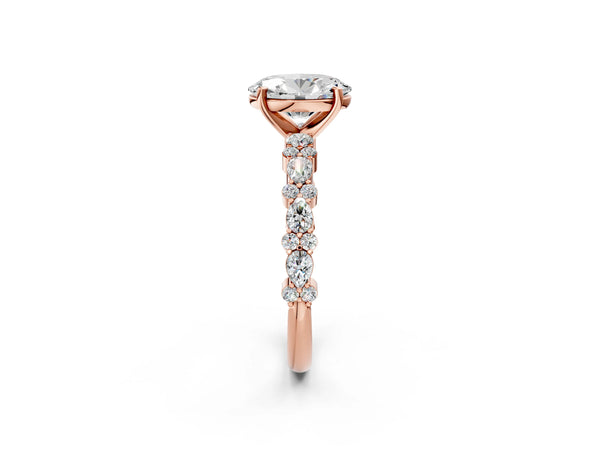 3 Carat Oval Cut Rose gold Diamond Side Stone Solitaire Ring with Round and Four-Prong Setting
