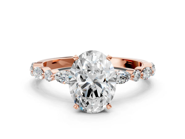 3 Carat Oval Cut Rose gold Diamond Ring with Marquise and Round Side Stones and Four-Prong Setting