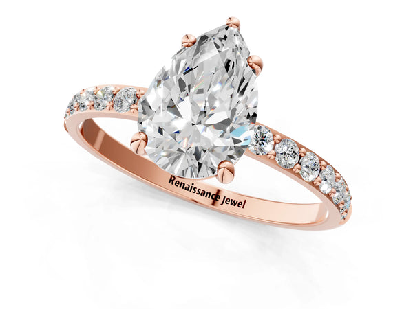 3 Carat Pear Cut Rose gold Diamond Solitaire Ring with Round  Pavé Band and Prong Setting