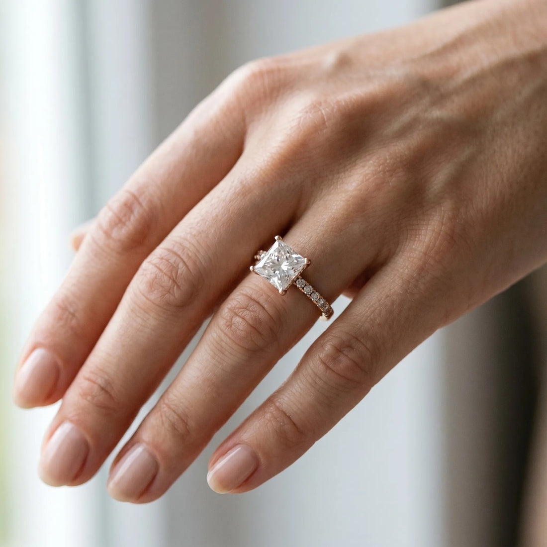 Rose gold 3 Carat Princess Cut Diamond Solitaire Ring with Round  Pavé Band and Four-Prong Setting