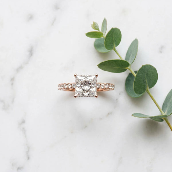 3 Carat Princess Cut Rose gold Diamond Solitaire Ring with Round Pavé Band and Four-Prong Setting