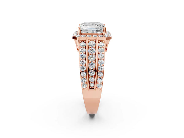 Rose gold 3 Carat Princess Cut Halo Diamond Ring with Round  Split Shank and Prong Setting