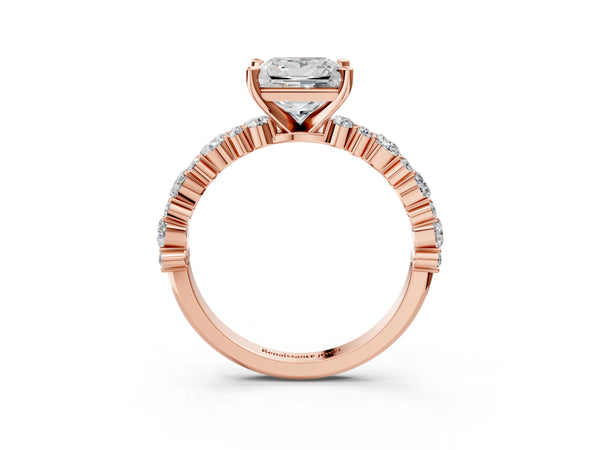 3 Carat Princess Cut Rose gold Diamond Side Stone Solitaire Ring with Round and Four-Prong Setting