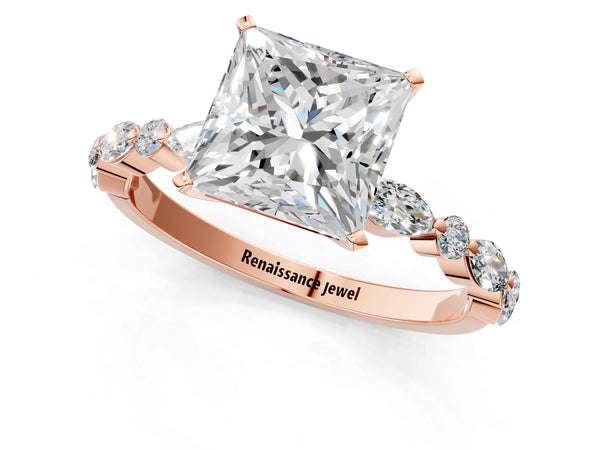 3 Carat Princess Cut Rose gold Diamond Ring with Marquise and Round Side Stones and Four-Prong Setting