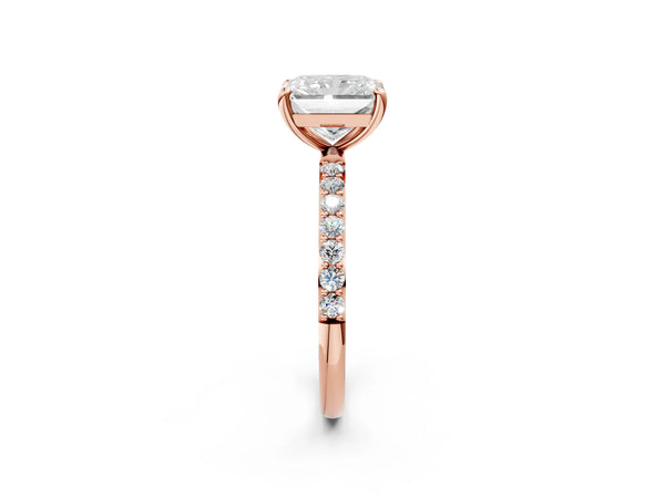 3 Carat Radiant Cut Rose gold Diamond Solitaire Ring with Round  Pavé Band and Prong Setting