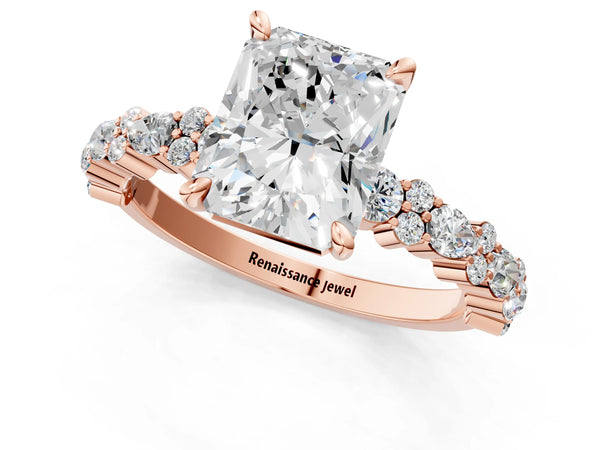 3 Carat Radiant Cut Rose gold Diamond Side Stone Solitaire Ring with Round and Four-Prong Setting