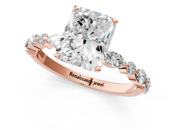 3 Carat Radiant Cut Rose gold Diamond Ring with Marquise and Round Side Stones and Four-Prong Setting