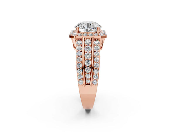 Rose gold 3 Carat Round Cut Halo Diamond Ring with Round  Split Shank and Prong Setting