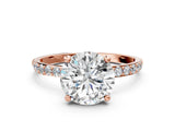 Rose gold 3 Carat Round Cut  Solitaire Ring with Pave Band and Four Prong Setting