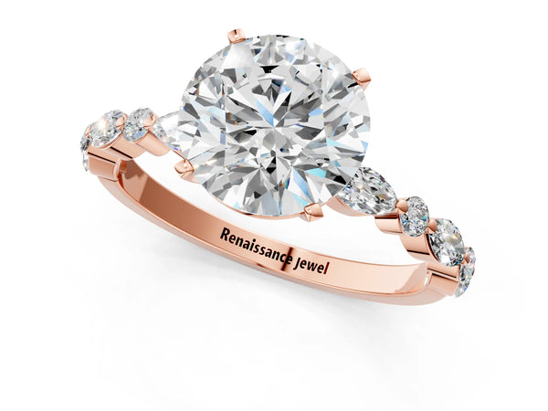 3 Carat Round Cut Rose gold Diamond Ring with Marquise and Round Side Stones and Four-Prong Setting