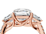 Rose gold 3 Carat Three-Stone Asscher Cut Diamond Ring with Round  Pavé Band and Prong Setting_16