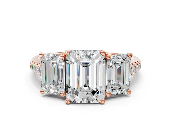Rose gold 3 Carat Three-Stone Emerald Cut Diamond Ring with Round  Pavé Band and Prong Setting