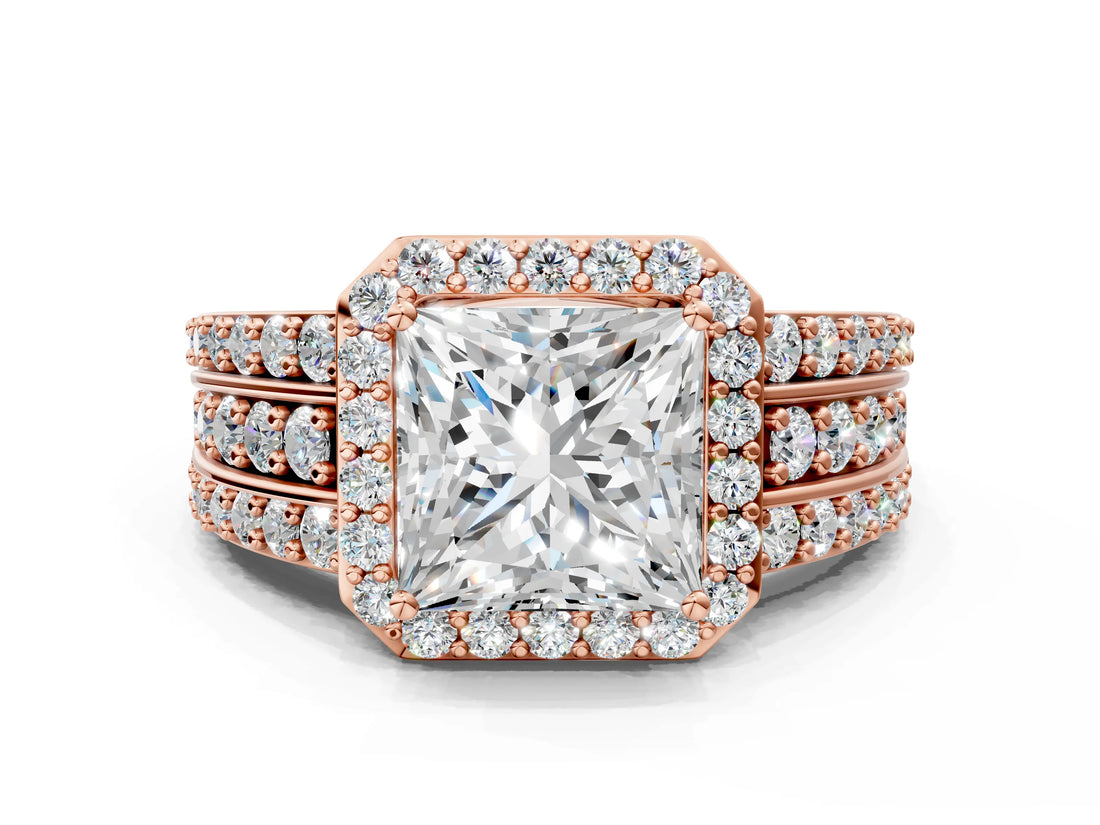 Rose gold 3.5 Carat Princess Cut Halo  Ring with Split Shank and Four-Prong Setting