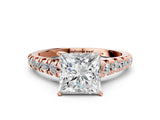 Rose gold 3.5 Carat Princess Cut  Solitaire Ring with Cathedral Setting and Pavé Band