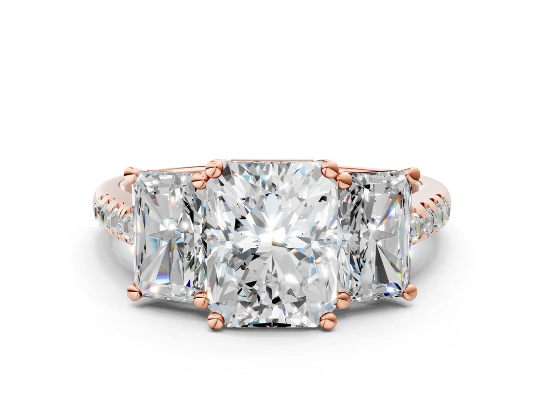Rose gold 3.5 Carat Three-Stone Radiant Cut  Ring with Pavé Band and Prong Setting