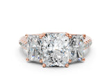 Rose gold 3.5 Carat Three-Stone Radiant Cut  Ring with Pavé Band and Prong Setting