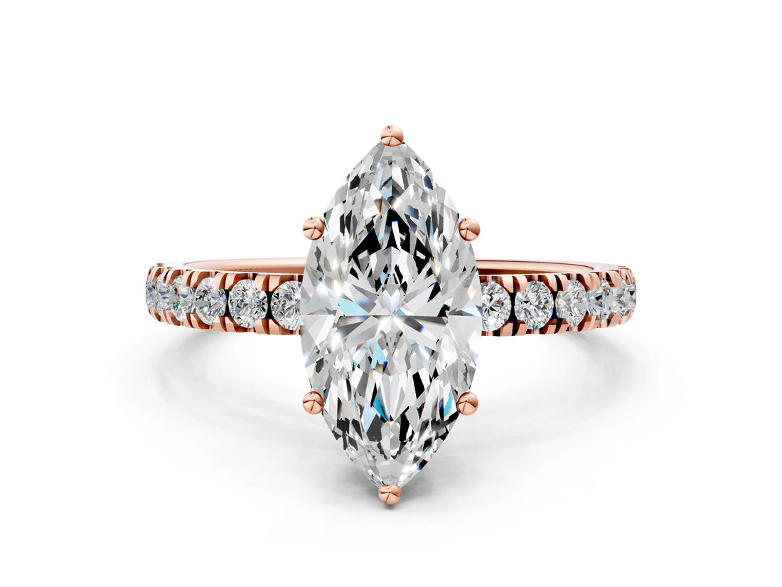 Rose gold 4 Carat Marquise Cut  Pave Band Solitaire Ring with Four-Prong Setting