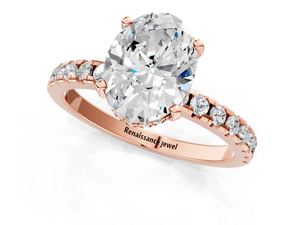 4 Carat Oval Cut Rose gold Diamond Solitaire Ring with Round  Pavé Band and Four-Prong Setting