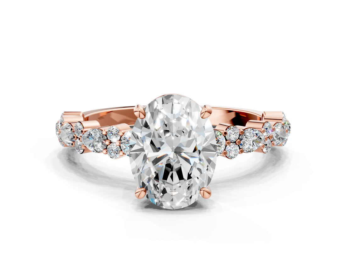 Rose gold 4 Carat Oval Cut  Solitaire with Side Stones, Pave Band, Four-Prong Setting_12