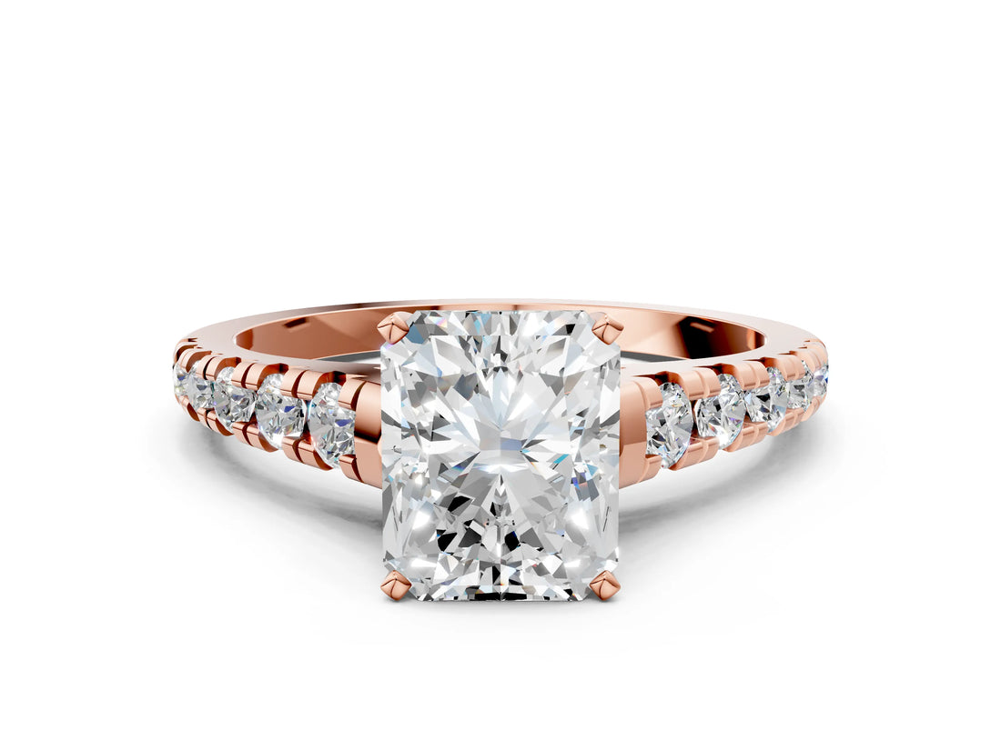 Rose gold 4 Carat Radiant Cut  Solitaire Ring with Cathedral Setting and Pavé Band