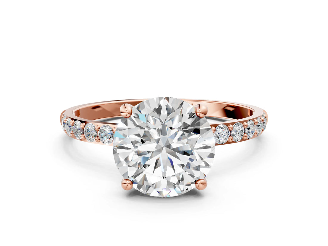 Rose gold 4 Carat Round Cut  Solitaire Ring with Pave Band and Four Prong Setting