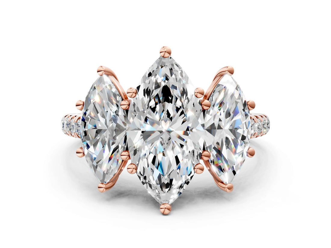 Rose gold 4 Carat Three-Stone Marquise Cut  Ring with Pavé Band and Prong Setting