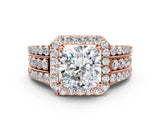 Rose gold 5 Carat Cushion Cut Halo  Ring with Split Shank and Four-Prong Setting