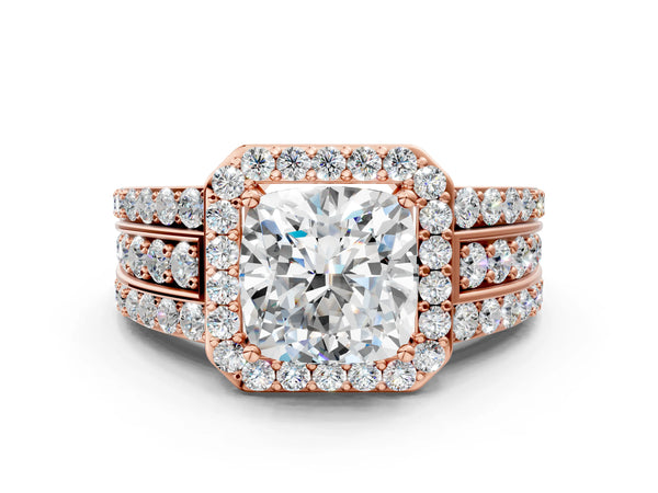 5 Carat Cushion Cut Rose gold Halo Diamond Ring with Round  Split Shank and Prong Setting