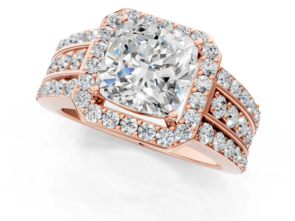 5 Carat Cushion Cut Rose gold Halo Diamond Ring with Round  Split Shank and Prong Setting