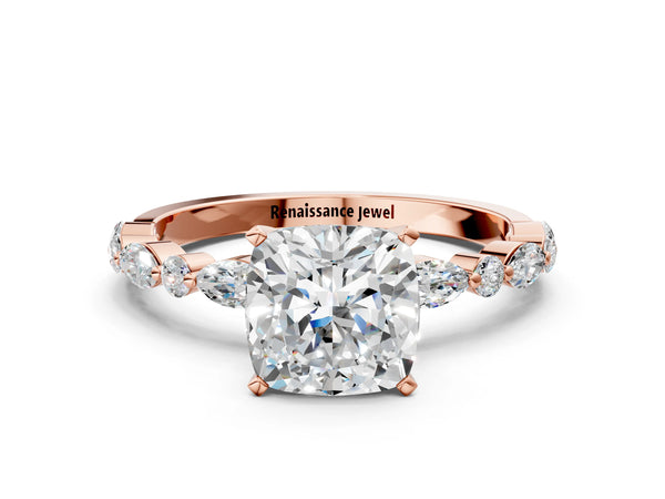 5 Carat Cushion Cut Rose gold Diamond Ring with Marquise and Round Side Stones and Four-Prong Setting