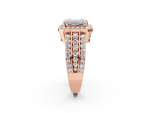 5 Carat Emerald Cut Rose gold Halo Diamond Ring with Round  Split Shank and Prong Setting