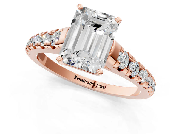 Rose gold 5 Carat Emerald Cut Diamond Cathedral Solitaire Ring with Round  Pavé Band