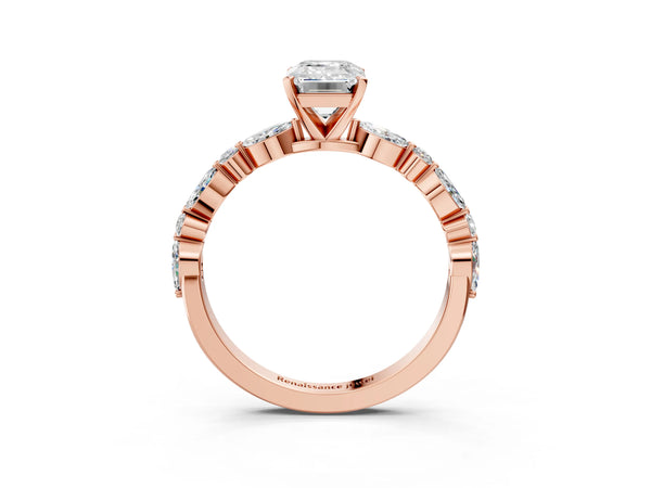 5 Carat Emerald Cut Rose gold Diamond Ring with Marquise and Round Side Stones and Four-Prong Setting