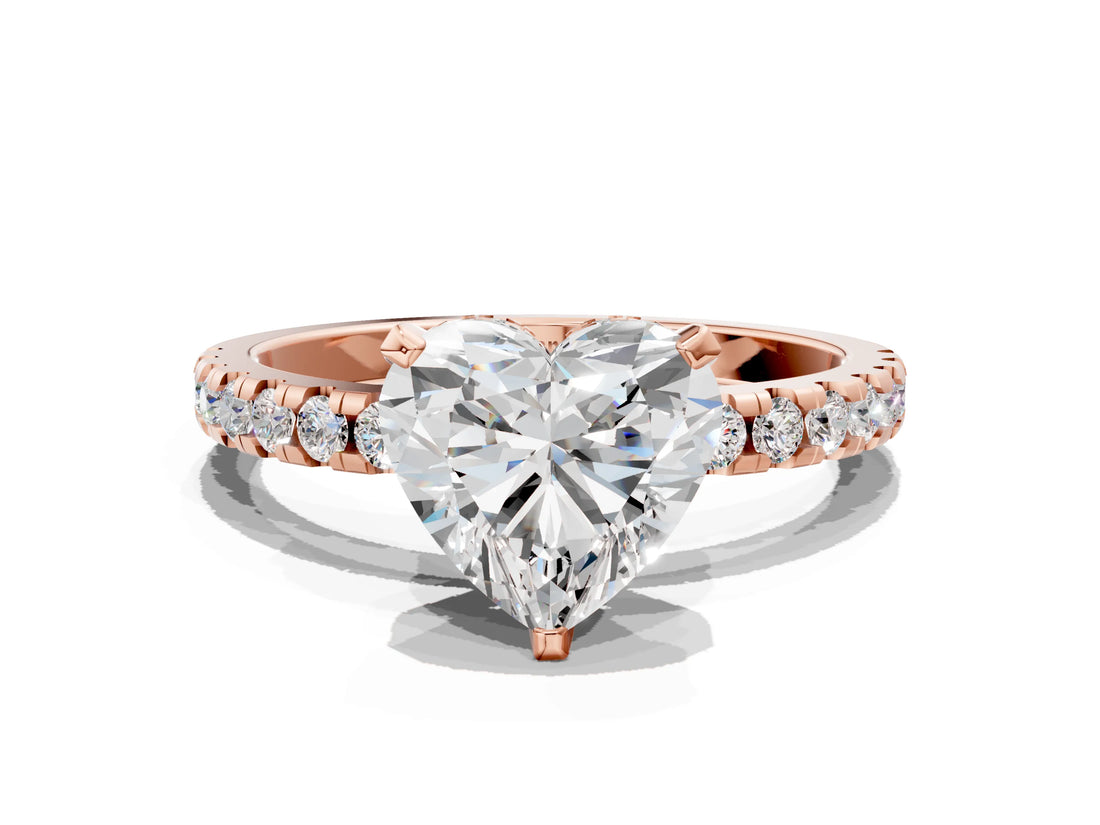 Rose gold 5 Carat Heart Cut Diamond Solitaire Ring with Round  Pavé Band and Four-Prong Setting_18