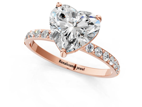 5 Carat Heart Cut Rose gold Diamond Solitaire Ring with Round  Pavé Band and Prong Setting