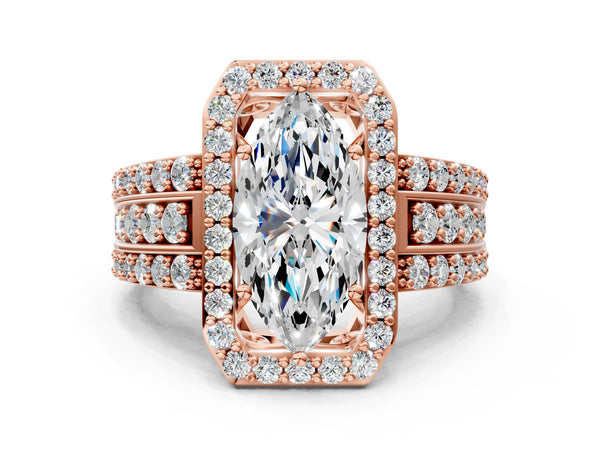 5 Carat Marquise Cut Rose gold Halo Diamond Ring with Round  Split Shank and Prong Setting