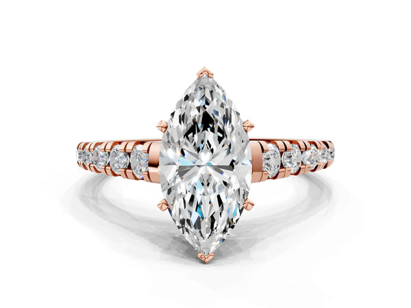 Rose gold 5 Carat Marquise Cut Diamond Cathedral Solitaire Ring with Round  Pavé Band
