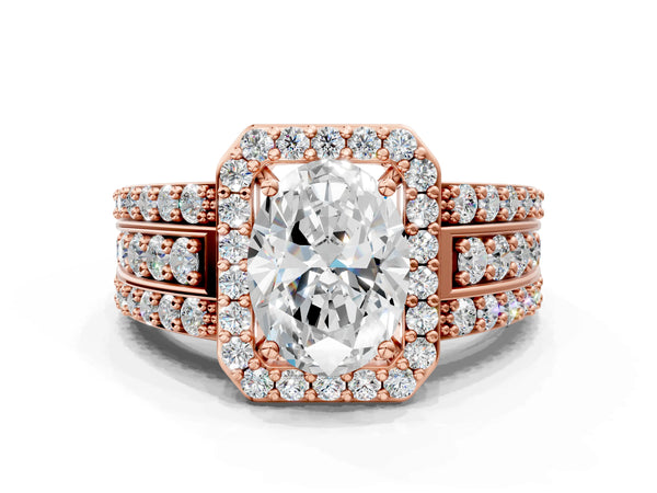 5 Carat Oval Cut Rose gold Halo Diamond Ring with Round  Split Shank and Prong Setting
