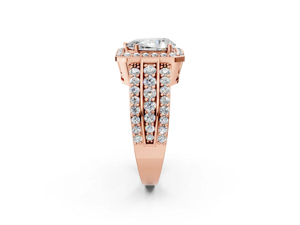 5 Carat Pear Cut Rose gold Halo Diamond Ring with Round  Split Shank and Prong Setting