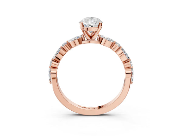 5 Carat Pear Cut Rose gold Diamond Ring with Marquise and Round Side Stones and Four-Prong Setting