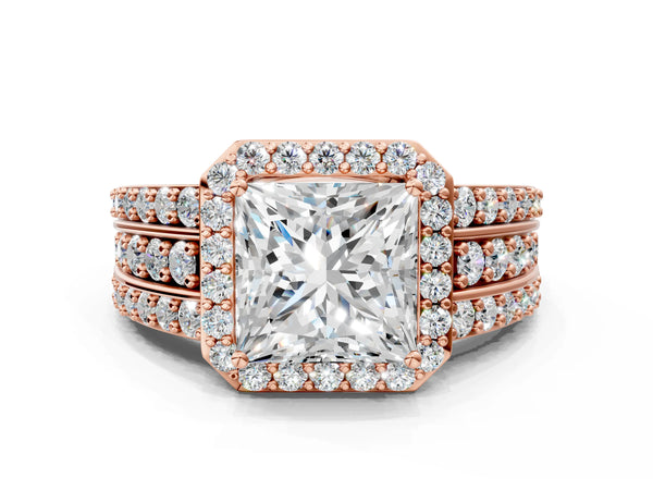 Rose gold 5 Carat Princess Cut Halo Diamond Ring with Round  Split Shank and Prong Setting