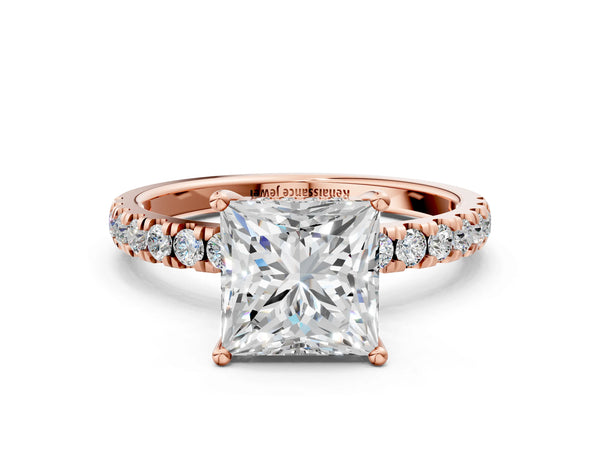 5 Carat Princess Cut Rose gold Diamond Pave Band Solitaire Ring with Round  and Prong Setting