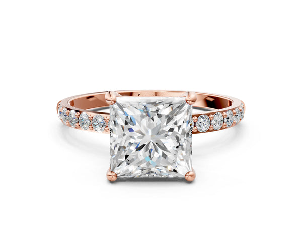 5 Carat Princess Cut Rose gold Diamond Solitaire Ring with Round  Pavé Band and Prong Setting