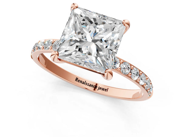 5 Carat Princess Cut Rose gold Diamond Solitaire Ring with Round  Pavé Band and Prong Setting