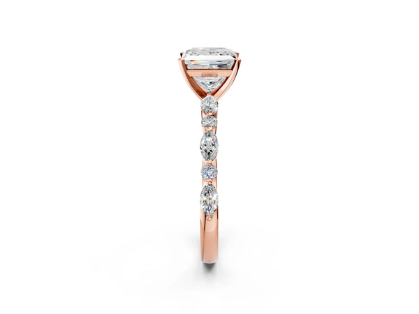 5 Carat Princess Cut Rose gold Diamond Ring with Marquise and Round Side Stones and Four-Prong Setting
